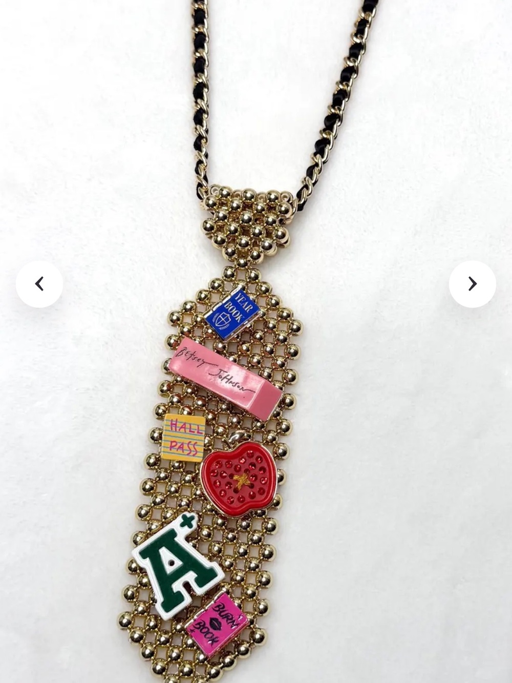 Betsey Johnson Gold Tie Pendant Necklace with Black Chain and Multicolor Charms